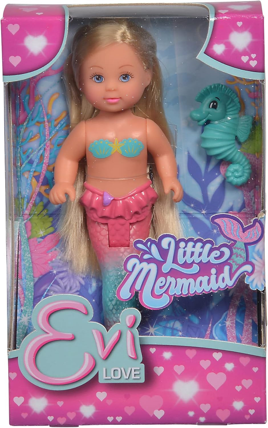 Simba 105733424 - Evi älskar den lilla sjöjungfrun, olika 2 sätt, endast EN vara kommer att levereras, Evi som sjöjungfru, rörlig stjärtfena, med sjöhäst, 12 cm modedocka, 3+