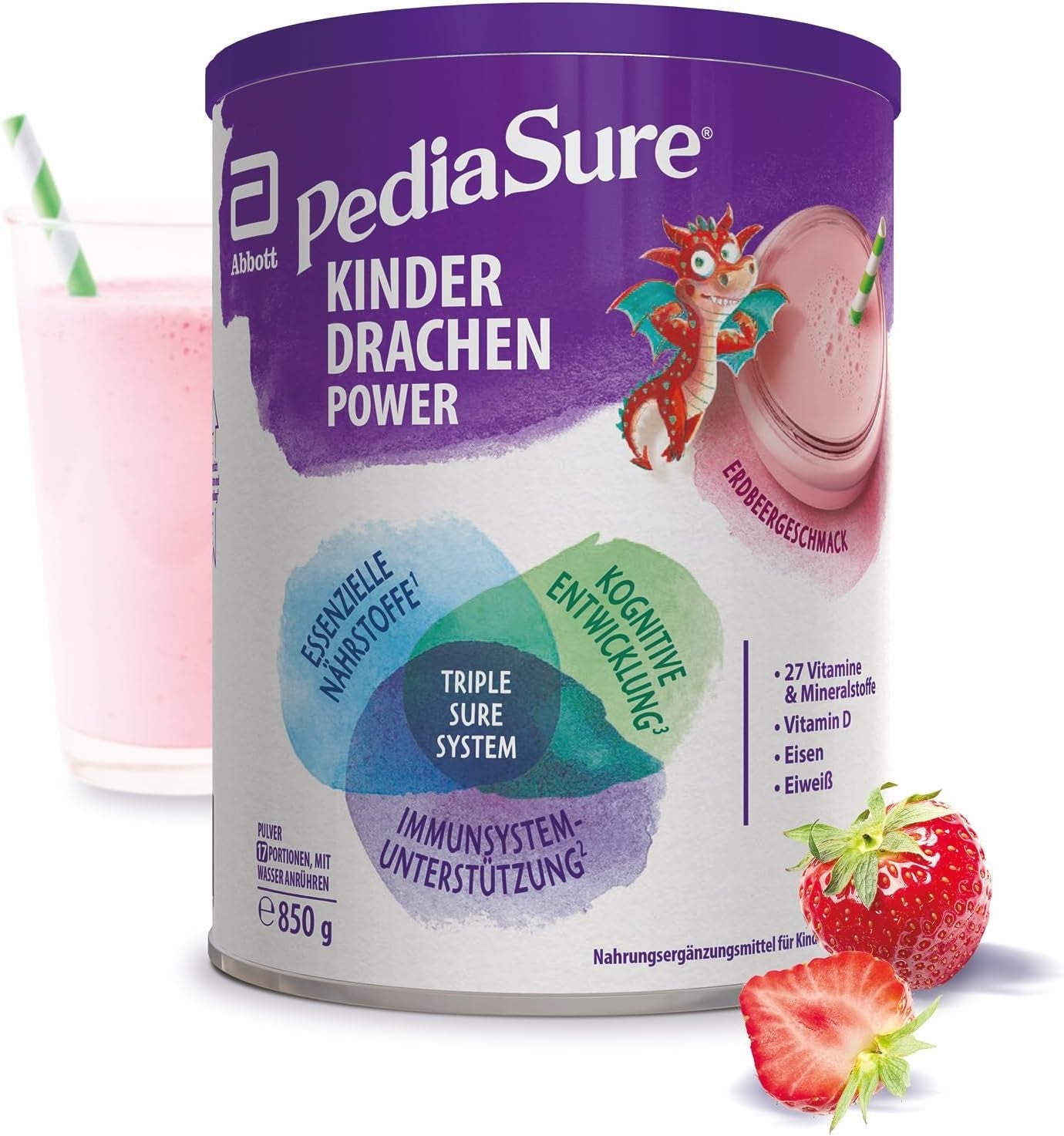 Pediasure Dragon's Power, Kosttillskott för barn från 1 år, 27 vitaminer och mineraler Naty Shop Strawberry