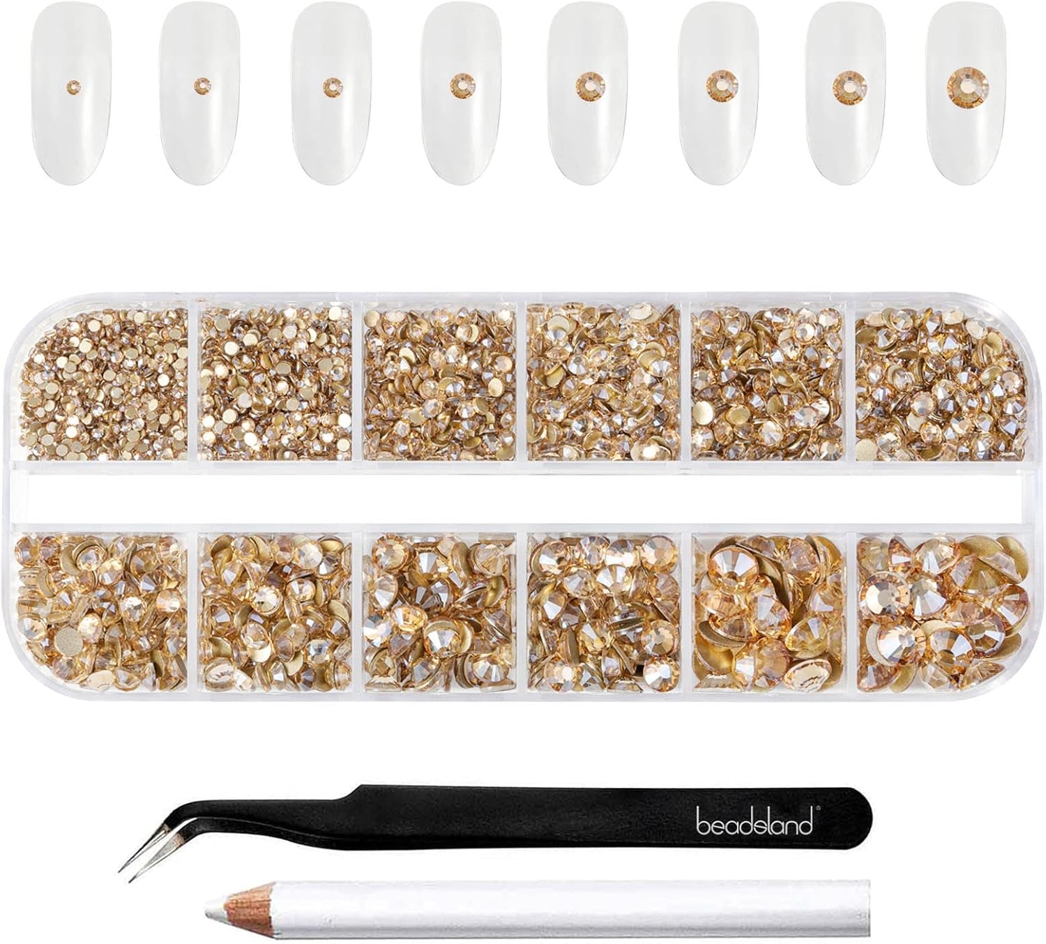 Beadsland 2500st Glas Nailart Strasssteine ​​​​Kristall Flatback Edelsteine ​​​​Runde, ​​Für Handwerk Gemischt 8 Größen SS4 ~ SS30 Mit Picking Pinzette Und Stift (Kristall Weiss)