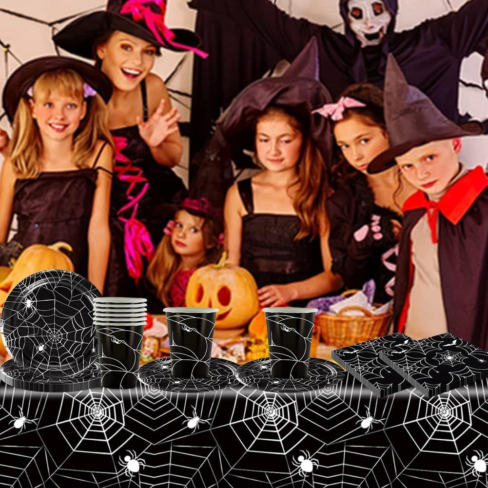 49 delar Halloween Spider Paper Bestick Set Inklusive tallrikar, servetter, glas och bordsduk. Svart servisset med desserttallrikar, servetter och glas.