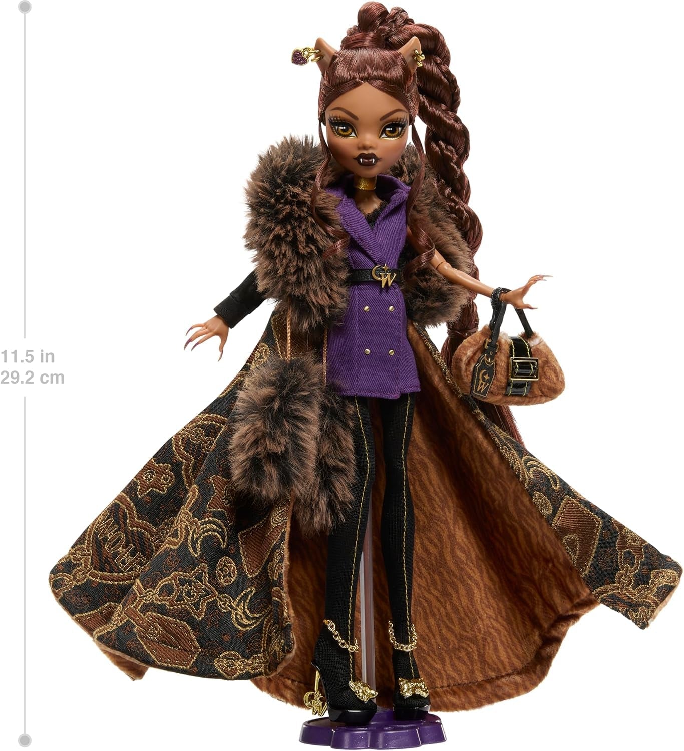 Monster High Doll House of Wolves Clawdeen Wolf Samlarfigur med fuskpäls jacquardrock Lila jacka Klänning Guld Byxor och tillbehör JDR66