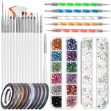 FANDAMEI Nail Art Brush Set, 15 Stücke Pinsel Für Gelnägel Nagel Pinsel, 5 Stücke Dotted Pen, 10 Rolle Streifenband Nägel, Strasssteine ​​​​Nägel, Ultra Dünn Nagel Paillettes Für Nagelkunst Maniküre Set
