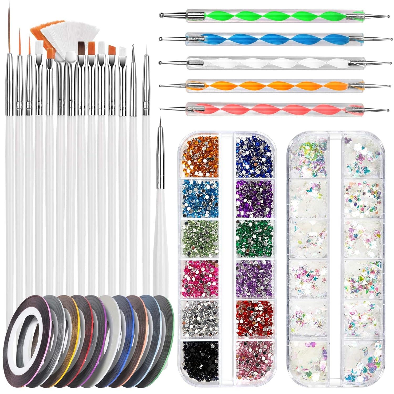 FANDAMEI Nail Art Brush Set, 15 Stücke Pinsel Für Gelnägel Nagel Pinsel, 5 Stücke Dotted Pen, 10 Rolle Streifenband Nägel, Strasssteine ​​​​Nägel, Ultra Dünn Nagel Paillettes Für Nagelkunst Maniküre Set