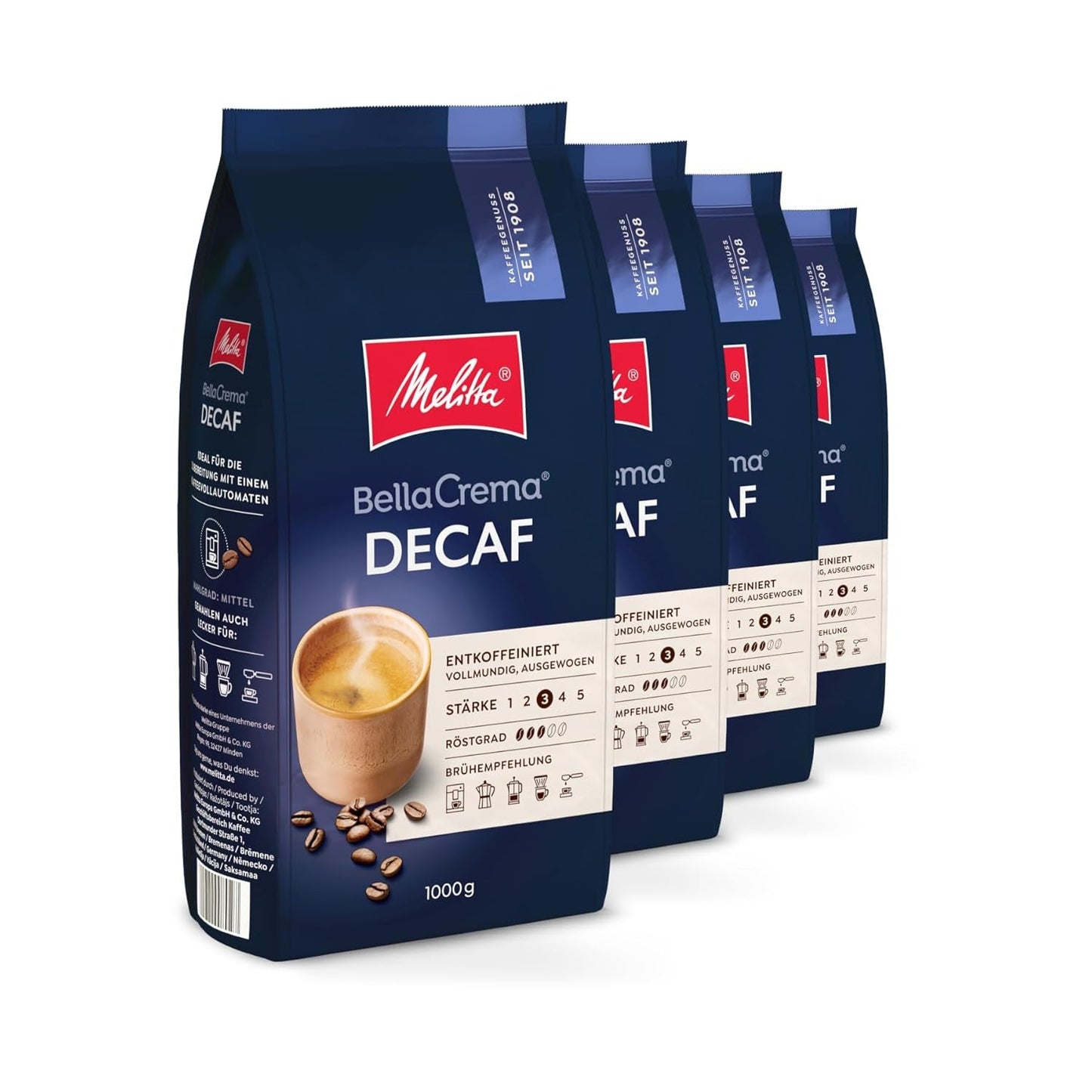 Melitta BellaCrema Koffeinfria kaffebönor 4 x 1 kg Omalda kaffebönor för helautomatiska kaffemaskiner Koffeinfri Lättrostad Tysk Rost 3 Styrka