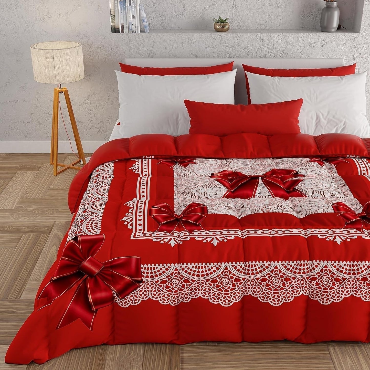PETTI Artigiani Italiani - Vintertäcke, Vintertäcke, Enkelt täcke, Dubbelsidigt, Enfärgat och digitalt tryck, 100 % anti-allergisk mikrofiber, Made in Italy Täcken och täcken Naty Shop Rött band 160 X 190 Cm