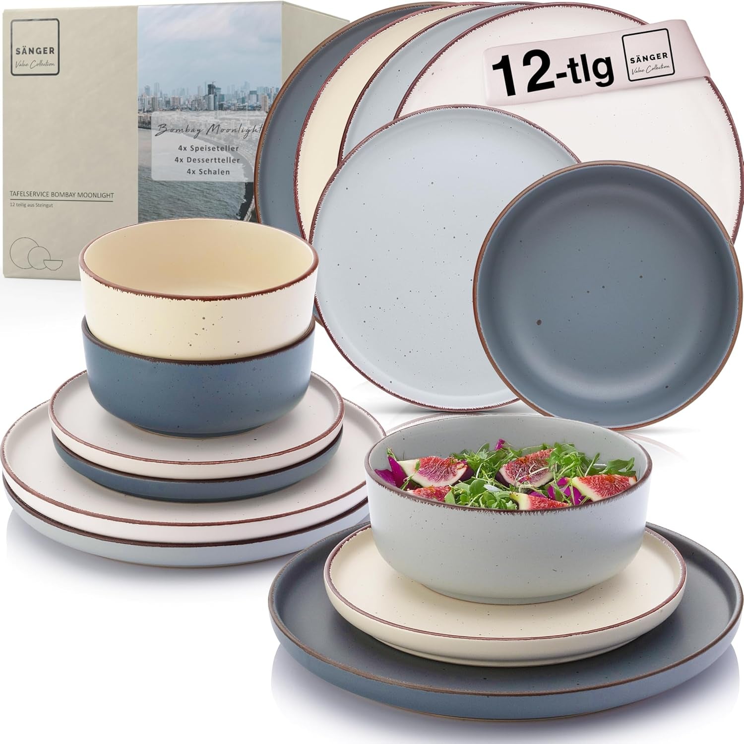 SÄNGER Bombay Moonlight | 12 delar keramiskt servisset för 4, 4 mattallrikar, 4 desserttallrikar, 4 skålar, olika färger | VÄRDESAMLING