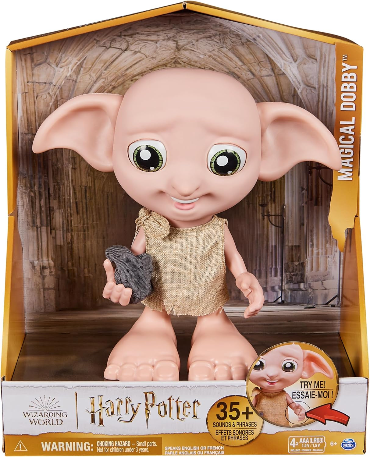 Spin Master 6067280 Wizarding World Harry Potter Magical Interactive Dobby Elf Sock Doll, 30+ ljud och fraser, 21,6 cm, barnleksak, svart
