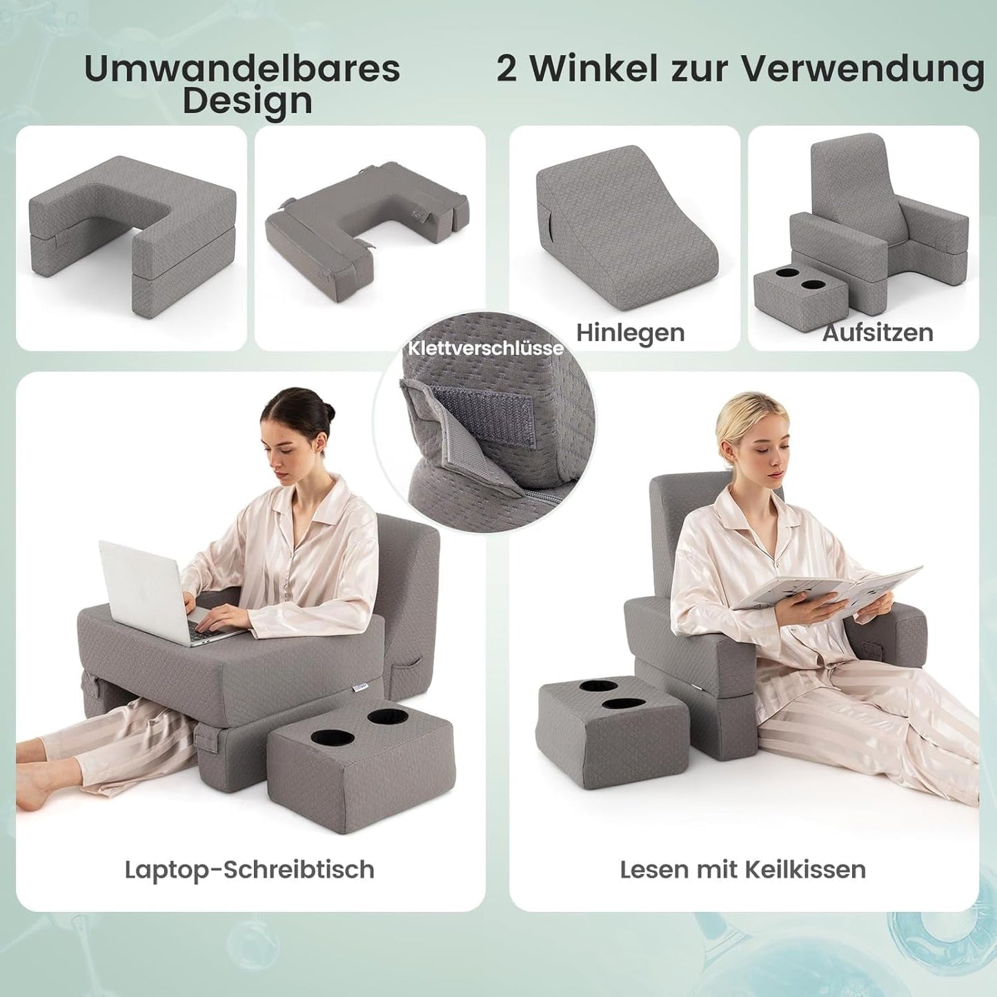 Läskudde för säng och soffa, bokkudde, fritt att kombinera med dryckeshållare och tvättbart fodral, justerbar skrivbordskudde för laptop för läsning, spel, arbete, skrivning (grå)