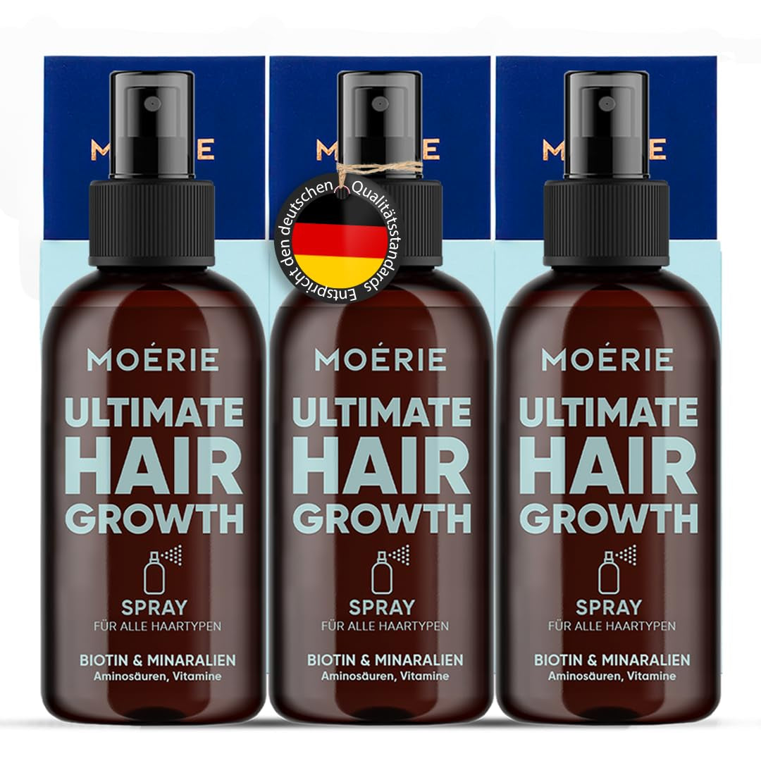 MOÉRIE Ultimate Mineral Hair Growth Spray för längre, tjockare och fylligare hår - med biotin och koffein - Veganska hårprodukter, Parabenfri, alla hårtyper, vänder håravfall - 2 månaders tillförsel Hårvård Naty Shop Set med tre
