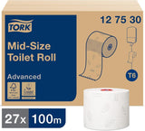 Tork 127530 Avancerad kvalitet Midi Mjukt Toalettpapper för Tork T6 Dual Roll Toalettpapper Dispenser / 2 Ply Rivfast Mjukt Toalettpapper 27 Pack (27 X 100 meter)