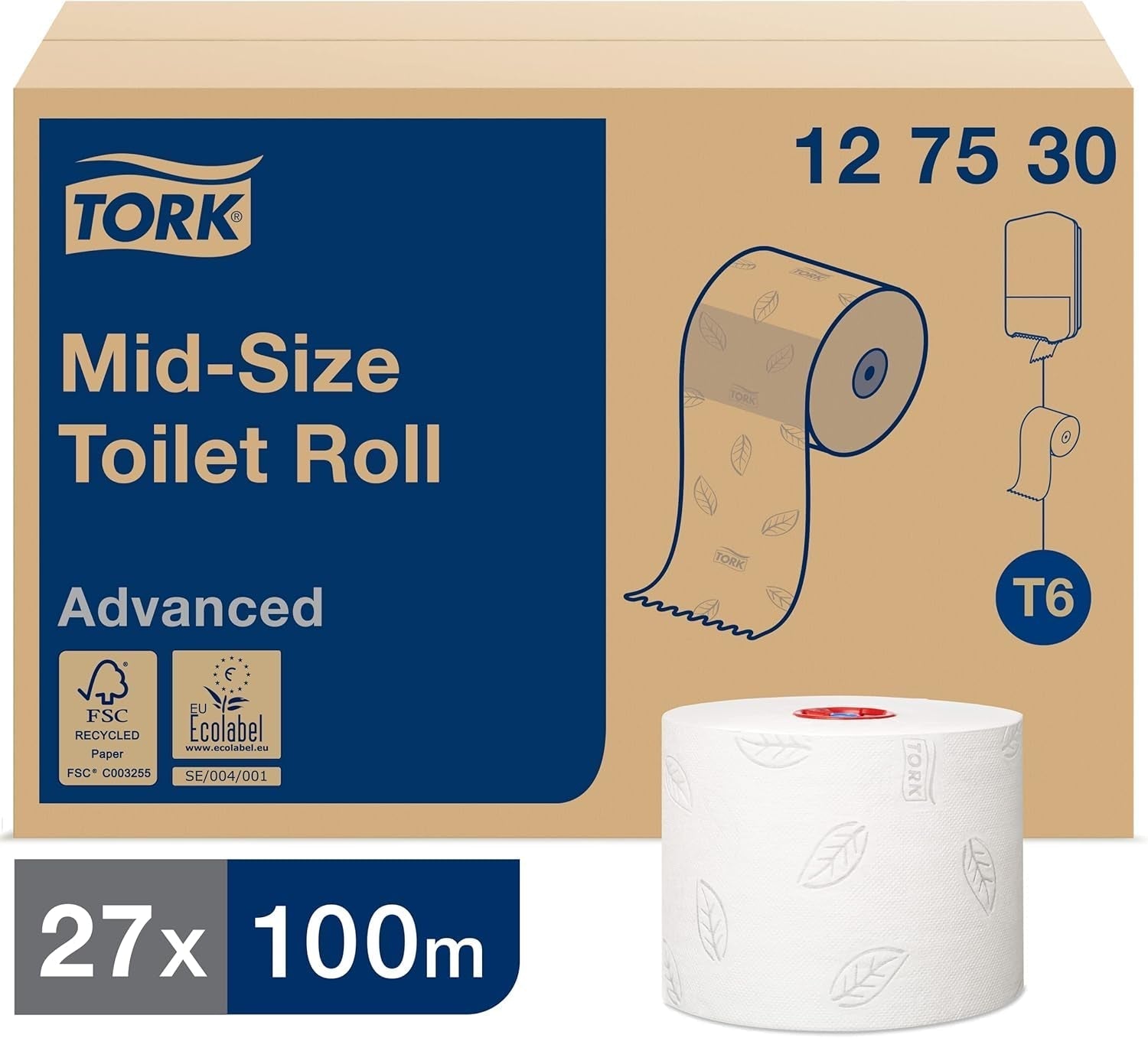 Tork 127530 Avancerad kvalitet Midi Mjukt Toalettpapper för Tork T6 Dual Roll Toalettpapper Dispenser / 2 Ply Rivfast Mjukt Toalettpapper 27 Pack (27 X 100 meter)