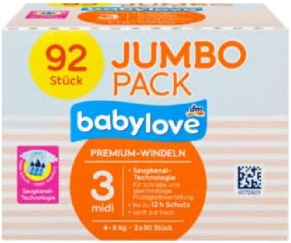 Babylove Premiumblöjor Storlek 3 Midi 4-9kg, förpackning om 92, förpackning XL