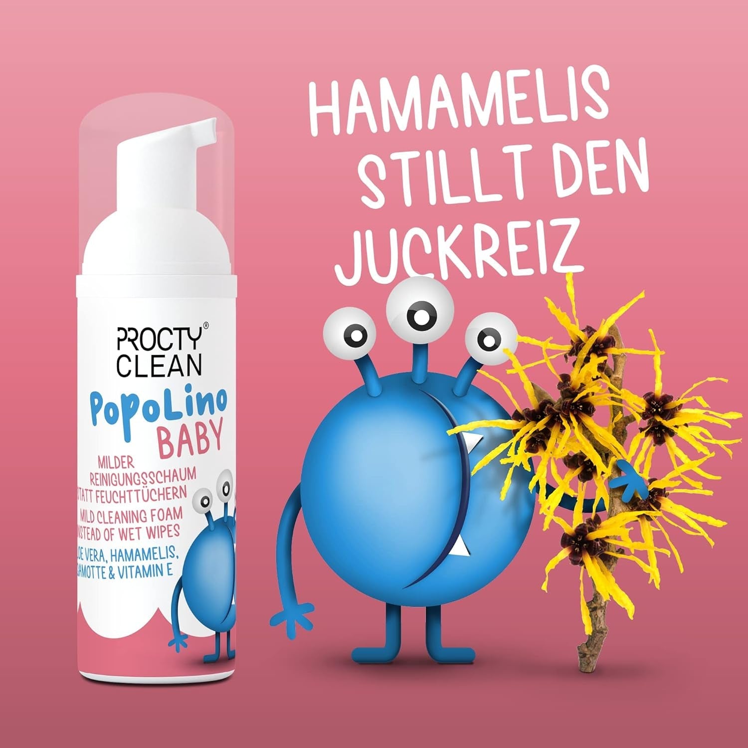 PopoLino Baby mjukt bottenskum istället för våta babyservetter. Veganskt och naturligt kosmetiskt rengöringsskum! Bottenskum med aloe vera, trollhassel, bergamott och vitamin E. Gör bottnar och miljön glad.