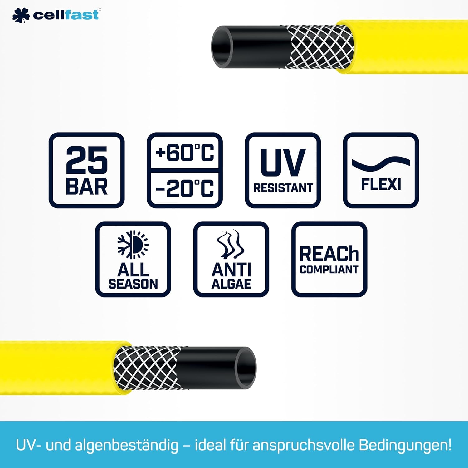 CELLFAST Trädgårdsslang 3,4 tum 3-lagers vattenslang Trädgårdsflexibla bevattningsslang med slitstark trådförstärkning UV-beständig anti-alger 25 bar 50 meter och mer