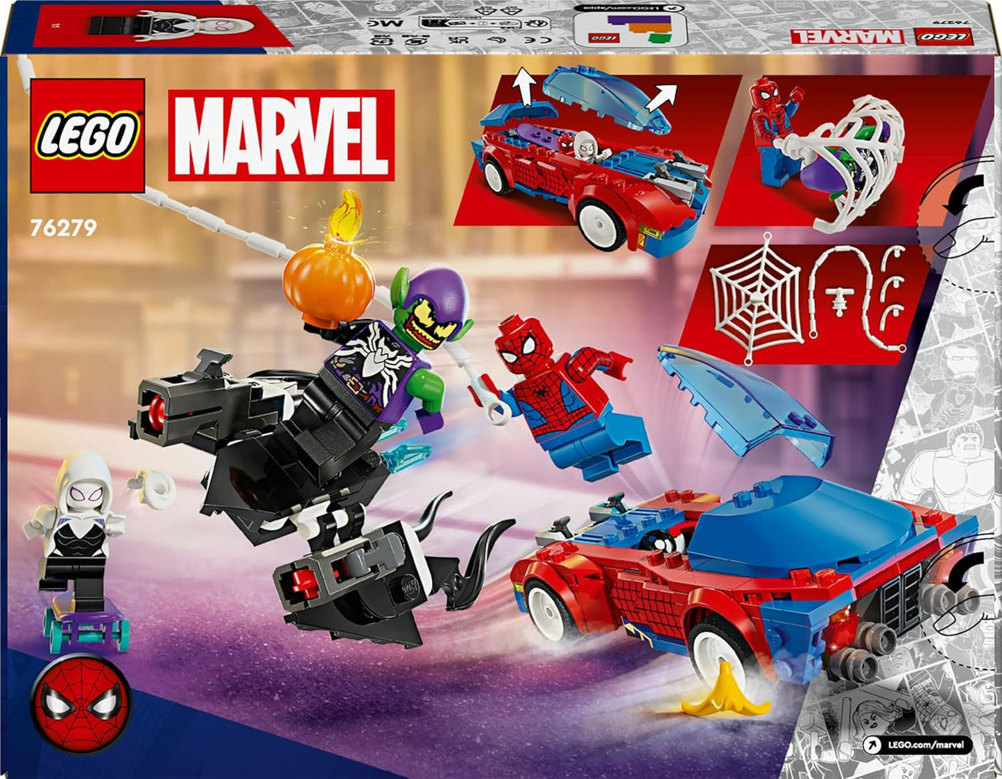 LEGO Marvel Spider-Man Race Car & Venom Green Goblin, Spidey-rollleksak med superhjältefigurer och byggbar bil, present till barn, pojkar och flickor 7 år gamla 76279 Byggset Beuche den LEGO-Store