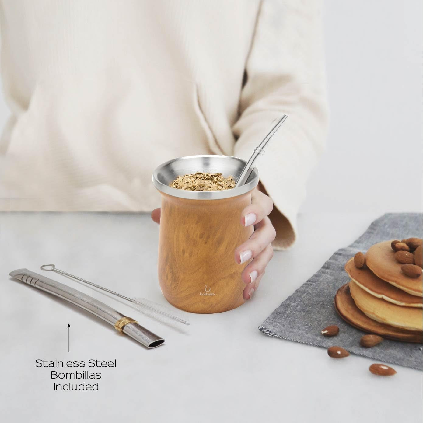 Yerba Mate balibetov teservis (Mate kopp) tillverkad av rostfritt stål med bombilla (halm) för mate, Lätt att rengöra och mycket hållbart Yerba Mate set (WOOD)