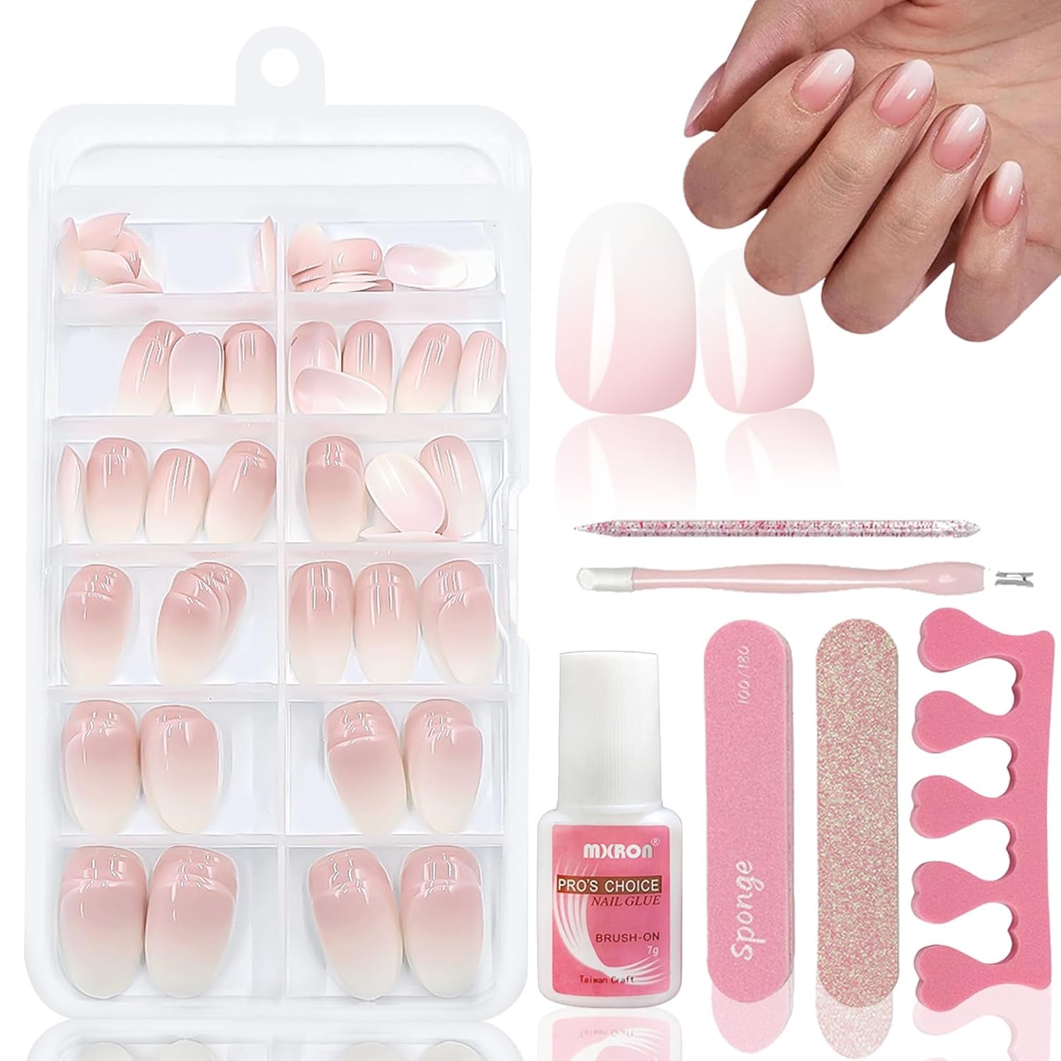 120 st Nakenrosa falska naglar med nagellim - 12 storlekar Kort oval fyrkantig press på naglar - Vackra naglar, limma på konstgjorda naglar - Lämplig för kvinnors DIY-nageldesign (Squaval Pink Gradient)