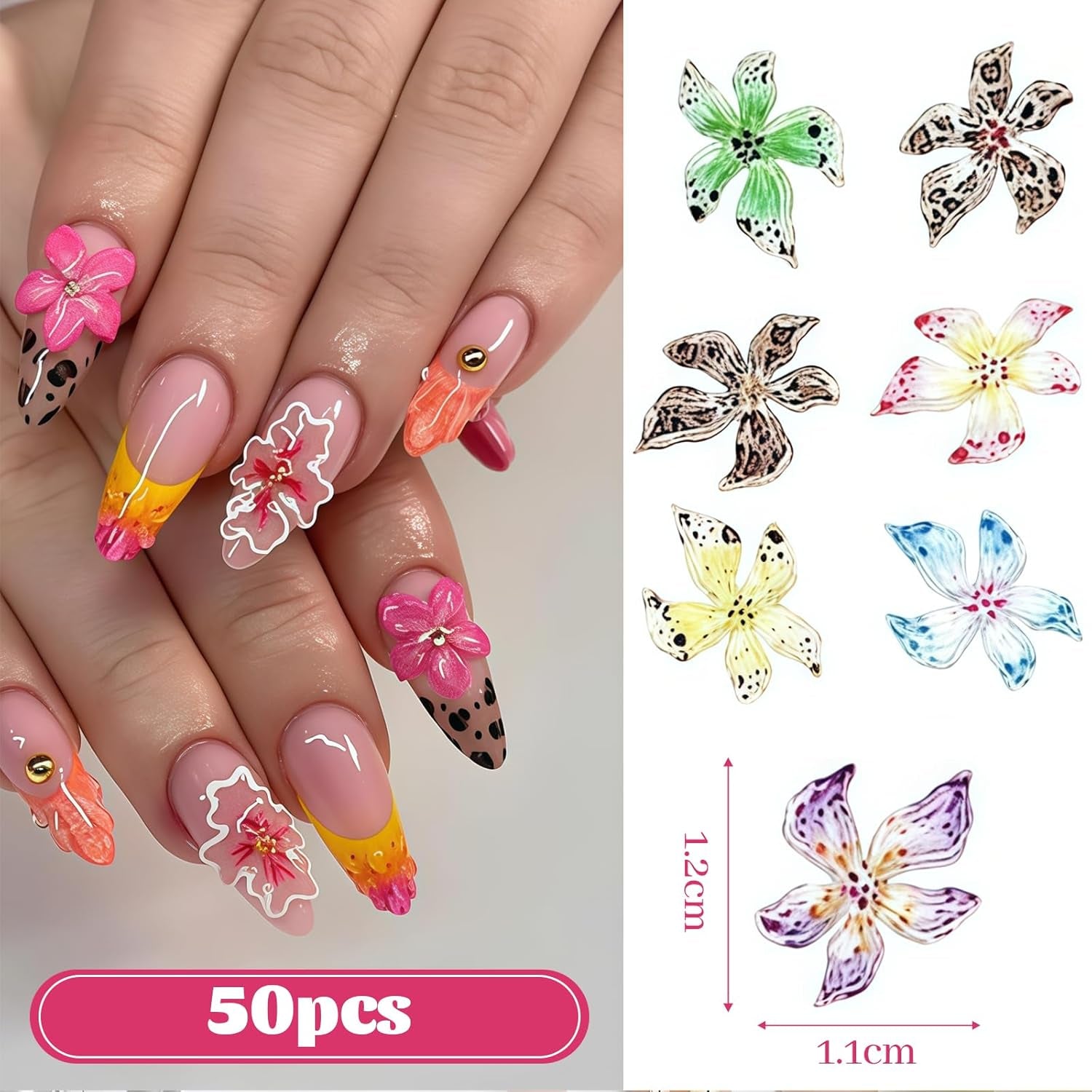 50 Stück 3D Blume Nail Charms Set, Bunte Nageldesign Zubehör, Nägel Charms Och Nagel Art Charms, Perfekt Für Nailart, Maniküre Dekoration Och DIY Nageldesign