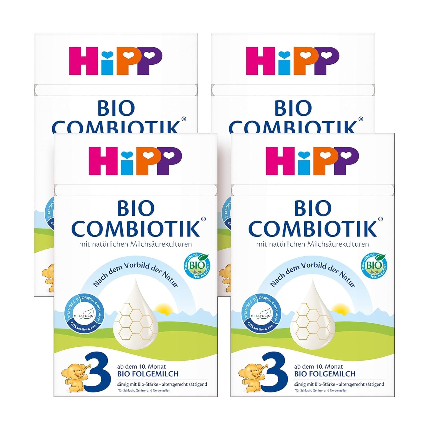 HiPP 3 Organic Combiotik (4 x 600g), tillskottsmjölk från 10 månader, med naturliga kulturer av mjölksyra, vitamin C och D, GOS, Omega-3 (DHA, ALA), av bästa ekologiska kvalitet