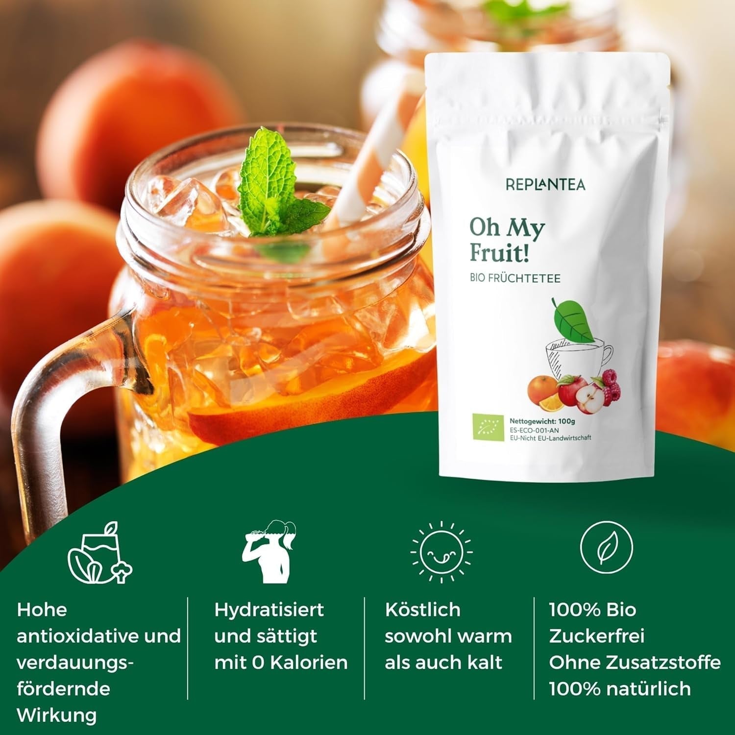 Oh My Fruit BIO fruktte 100 g (50 koppar) | Lös fruktte med äpplen, hibiskus, hallon, apelsiner och steviablad REPLANTEA