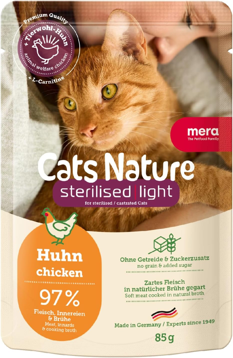 MERA Cats Nature Wet Sterilized/Light Chicken Food 12x85g | För steriliserade/kastrerade katter | Socker- och spannmålsfri | Båtfoder med låg fetthalt och hög kötthalt