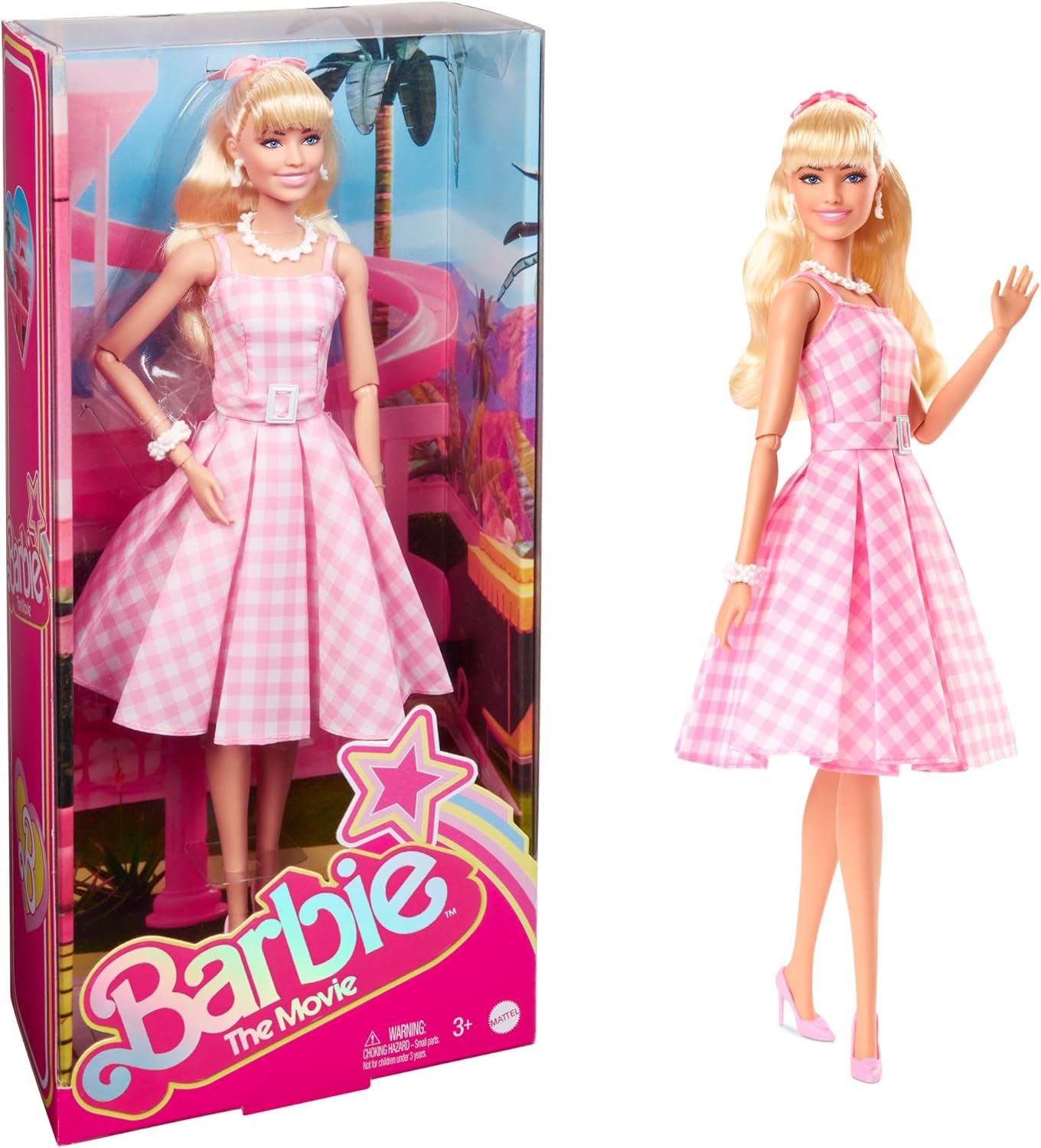 Barbie Doll Filmdockan i rosa och vit klänning och tusensköna halsband Margot Robbie Samlarleksak för 3 år HPJ96