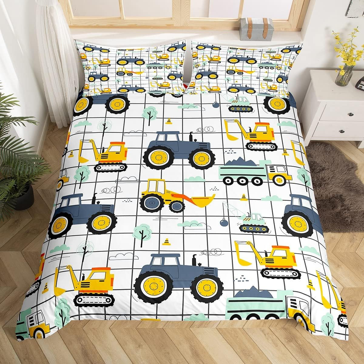 Jungen Cartoon Auto Bedtuchen Set 135X200,Kinder Bau Fahrzeuge Tröster Abdeckung Für Kind Kleinkind Teens,Dinosaurier Bettbezug,Traktor Maschinerie Bagger Bettdecke Abdeckung,Lkw Autos Bedtuchen Naty Shop Multi 13 200*200+80*80*80*