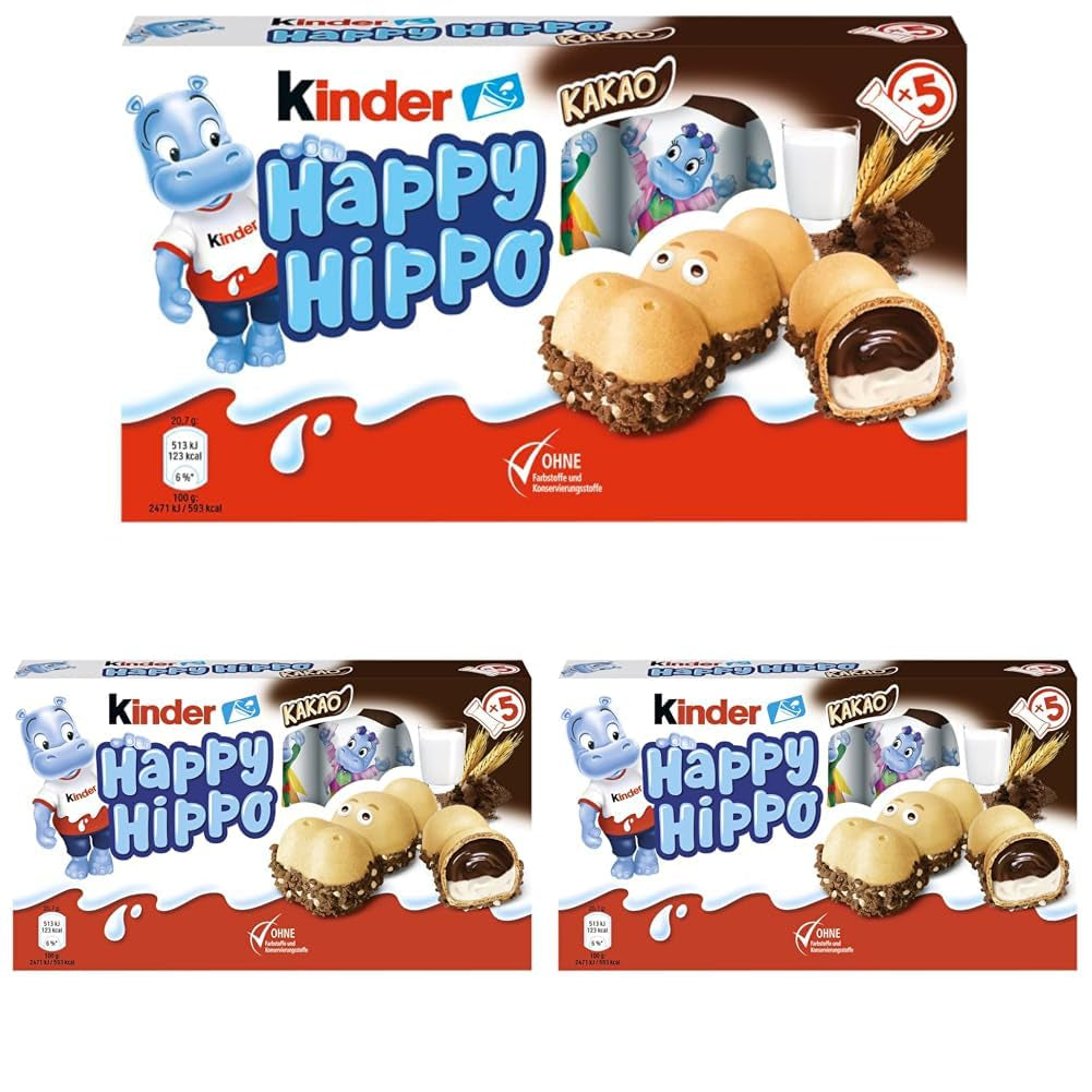 Kinder Happy Hippo Hasselnöt - Specialknäckiga rån med mjölk och hasselnötskräm - Karneval och Mardi Gras sötsaker - 1 förpackning innehållande 5 individuella barer på 20,7 g vardera