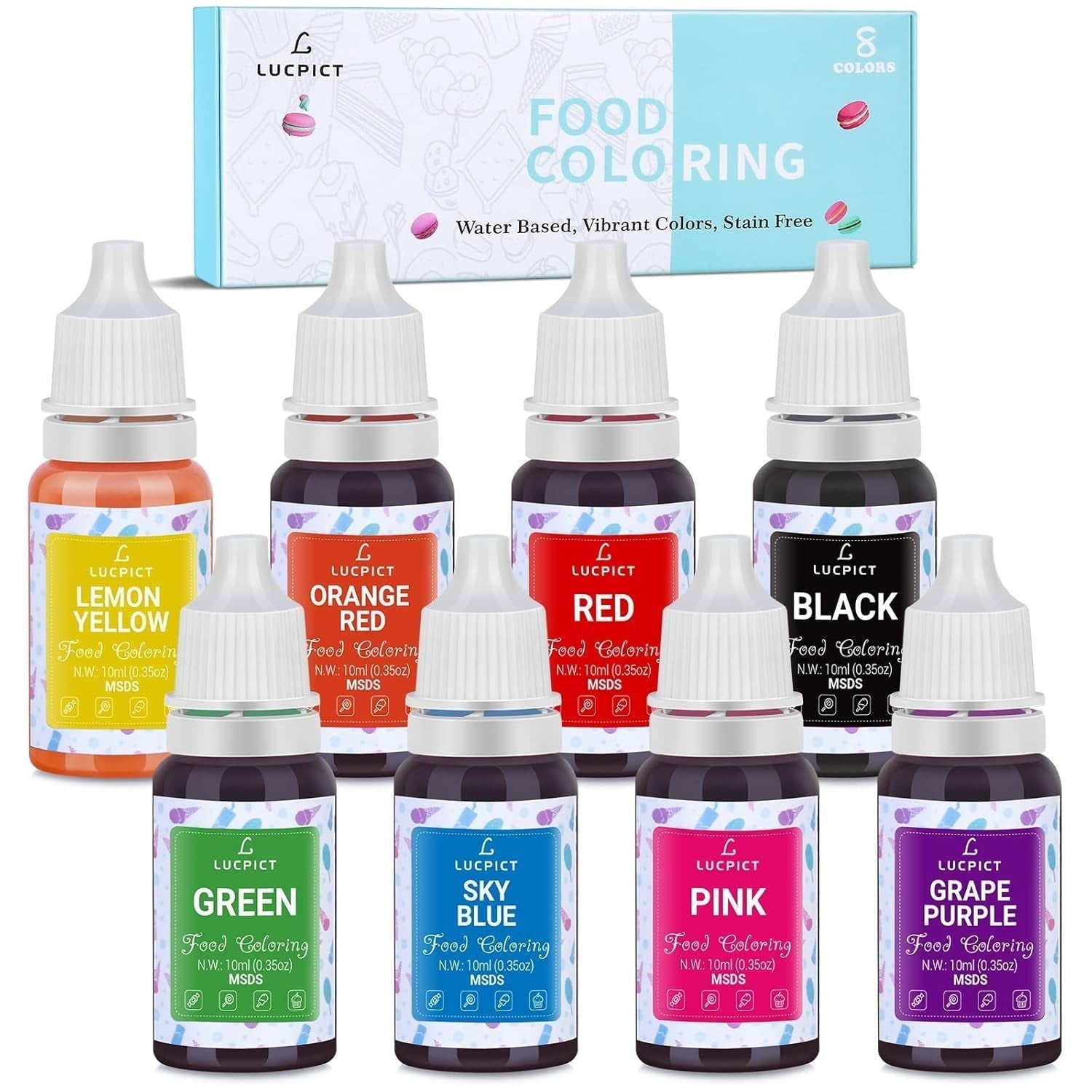 Matfärgning 8x10 ml - Högkoncentrerad flytande matfärgningssats för bakning, kakor, kakor, frosting, macarons, fondant - Livlig matfärg för gör-det-själv-tvålar, slime, hantverk