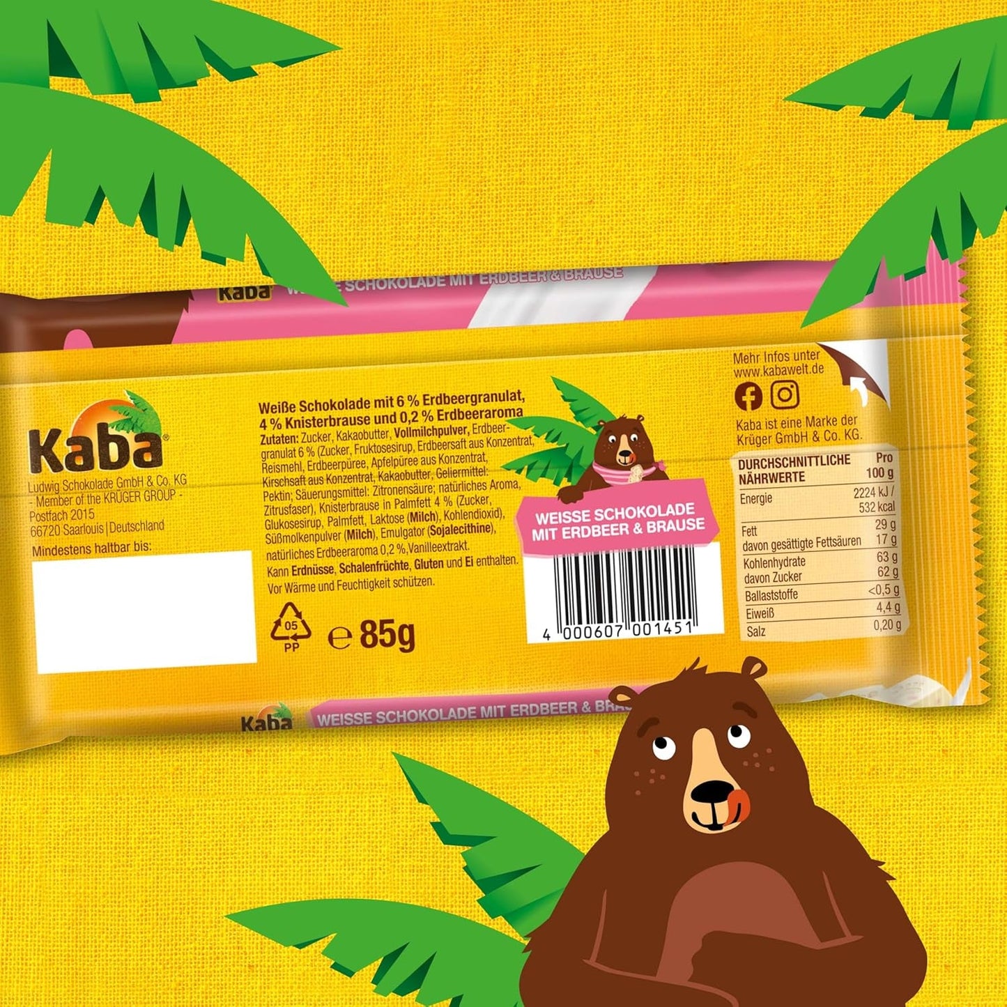 Kaba vit choklad med jordgubbssmak och brusande godis, chokladkaka, bar 85 g, vit choklad med jordgubbsfruktig smak och brusande godis med kaba originalsmak (förpackning med 3)