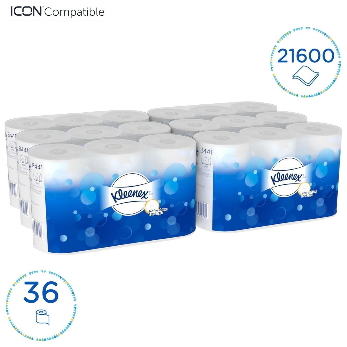 Kleenex standardrulle 8441 toalettpapper - 2-skikts toalettpapper - 6 paket med 6 rullar X 600 ark vardera, vit (36 rullar/21 600 ark totalt)