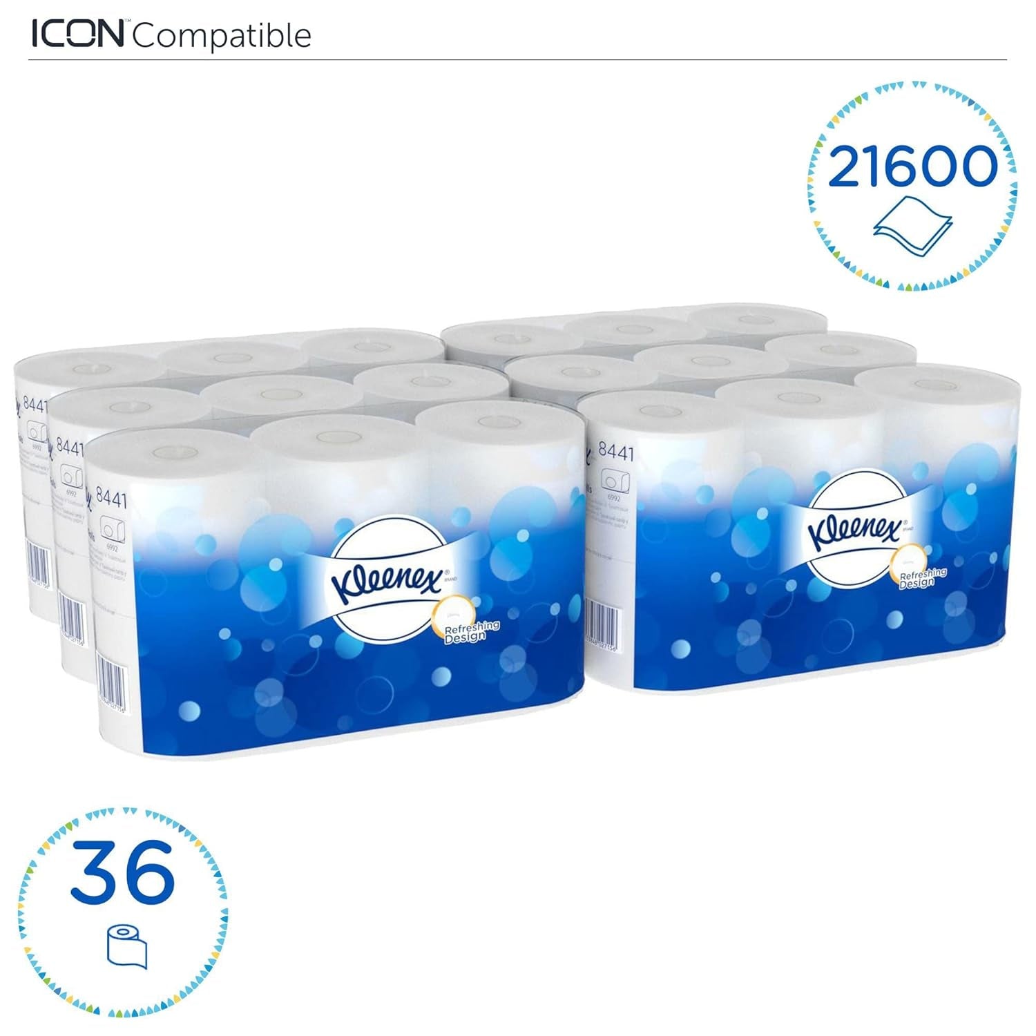 Kleenex standardrulle 8441 toalettpapper - 2-skikts toalettpapper - 6 paket med 6 rullar X 600 ark vardera, vit (36 rullar/21 600 ark totalt)