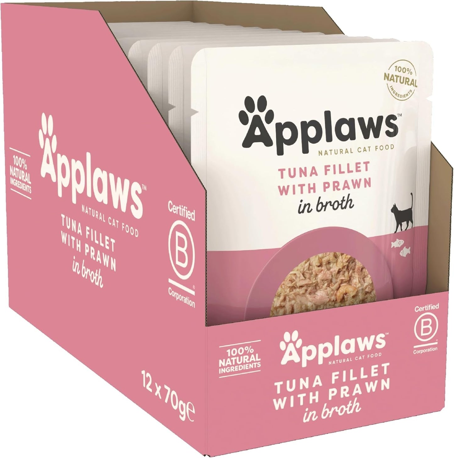 Applaws Premium naturligt vått kattmat, tonfiskfiléer med Stillahavsräkor i soppa, 70 g portionspåsar (12 x 70 g)