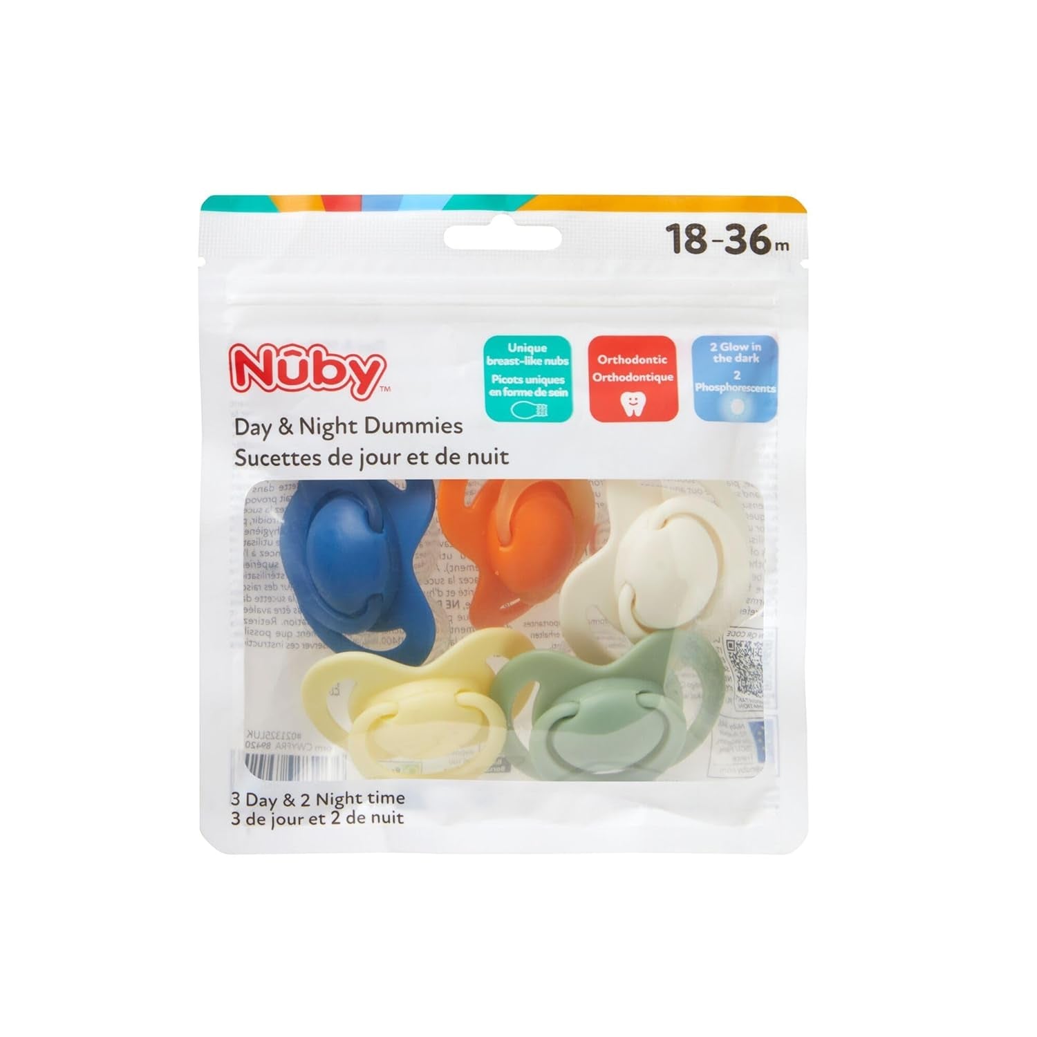 Nuby – Set med 5 mjuka ortodontiska nappar och nappar i silikon | 3 modeller för dag och natt | 2 modeller som lyser i mörkret | BPA-fri | Bröstliknande form | För 18-36 månader