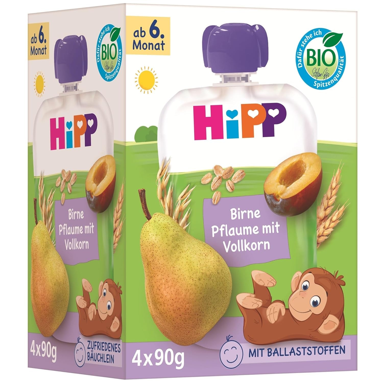 HiPP ekologiska päron- och plommonpåsar, fullkorn, 16 stycken (4 förpackningar om 4 x 90 g vardera), för spädbarn från 6 månader, utan tillsatt socker, vegan, bästa ekologiska kvalitet