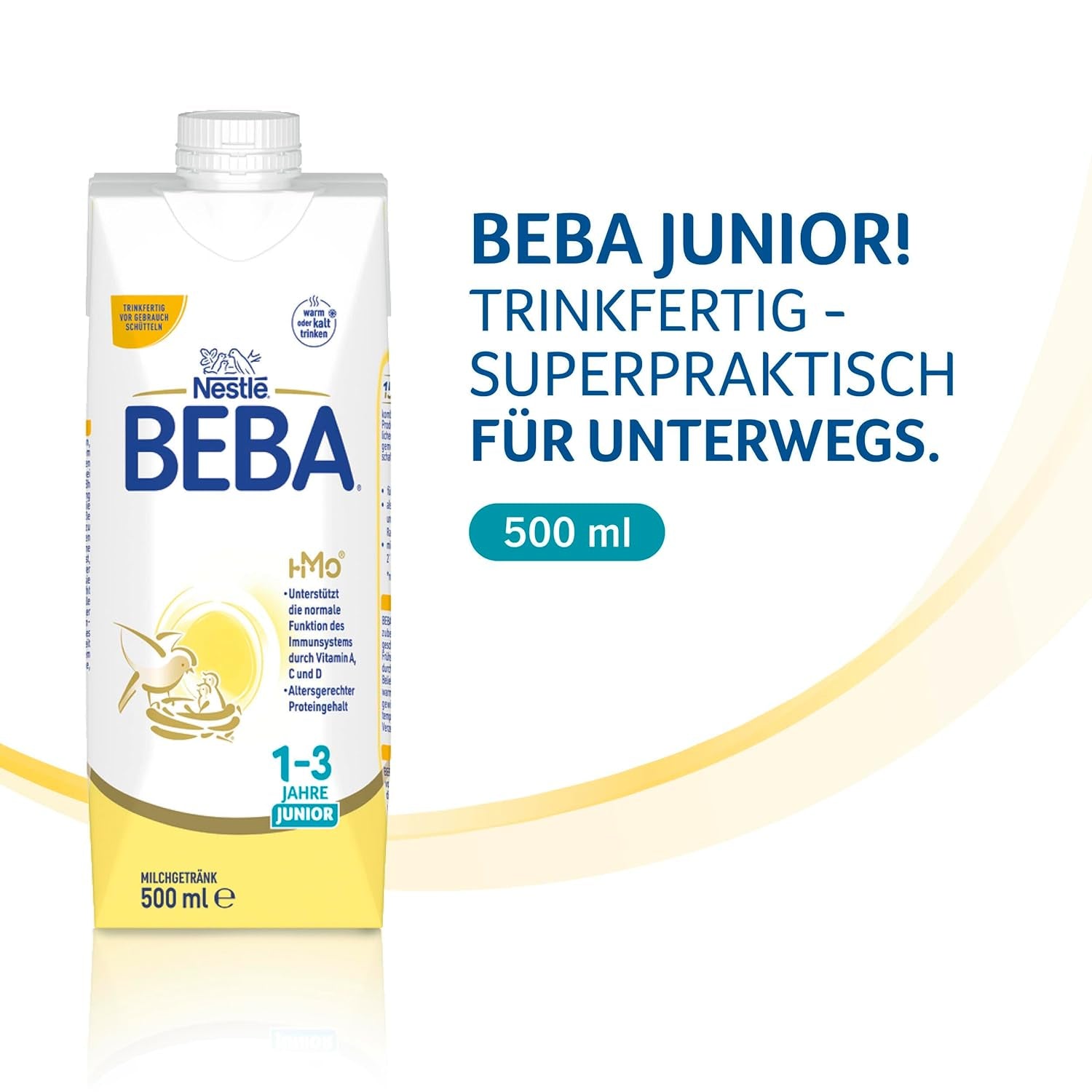 BEBA Junior Drickfärdig mjölkdryck 1-3 år, med HMO, åldersanpassat proteininnehåll, palmoljefri, fiskoljefri, småbarnsmat, 12-pack (12 x 500 ml)