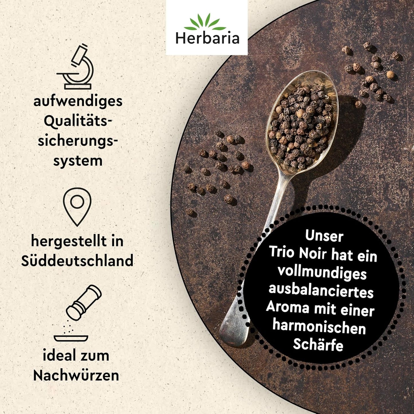 Herbaria Trio Noir bio 75g M-Dose – Bio Pfeffer schwarz ganz – ganze Pfefferbeeren – schwarze Pfeffermischung aus biologiska Anbau von drei verschiedenen Regionen - in nachhaltiger Aromaschutz-Dose