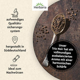 Herbaria Trio Noir bio 75g M-Dose – Bio Pfeffer schwarz ganz – ganze Pfefferbeeren – schwarze Pfeffermischung aus biologiska Anbau von drei verschiedenen Regionen - in nachhaltiger Aromaschutz-Dose