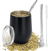 Modern Mate-mugg 340 ml, isolerad dubbelvägg i rostfritt stål Yerba Mate-muggset, Mate-temugg med BPA-fritt lock, Bombillas och en rengöringsborste (silver)