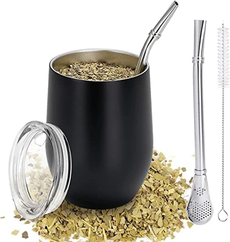 Modern Mate-mugg 340 ml, isolerad dubbelvägg i rostfritt stål Yerba Mate-muggset, Mate-temugg med BPA-fritt lock, Bombillas och en rengöringsborste (silver)