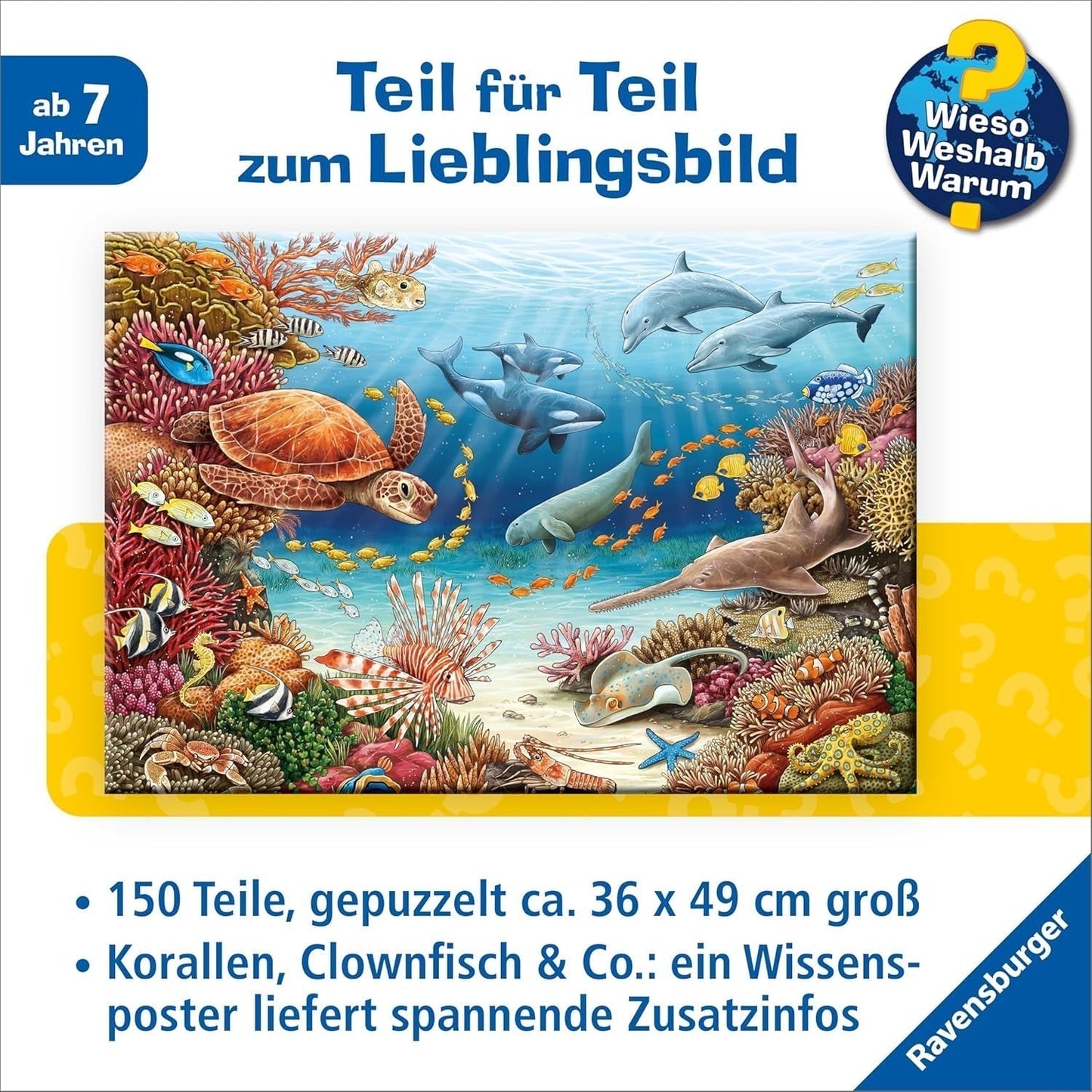 Ravensburger barnpussel 13411 - Havsdjur på korallrevet - Varför? Varför? Varför? Pussel 150 bitar XXL + kunskapsaffisch, för barn från 7 år Puzzle Naty Shop