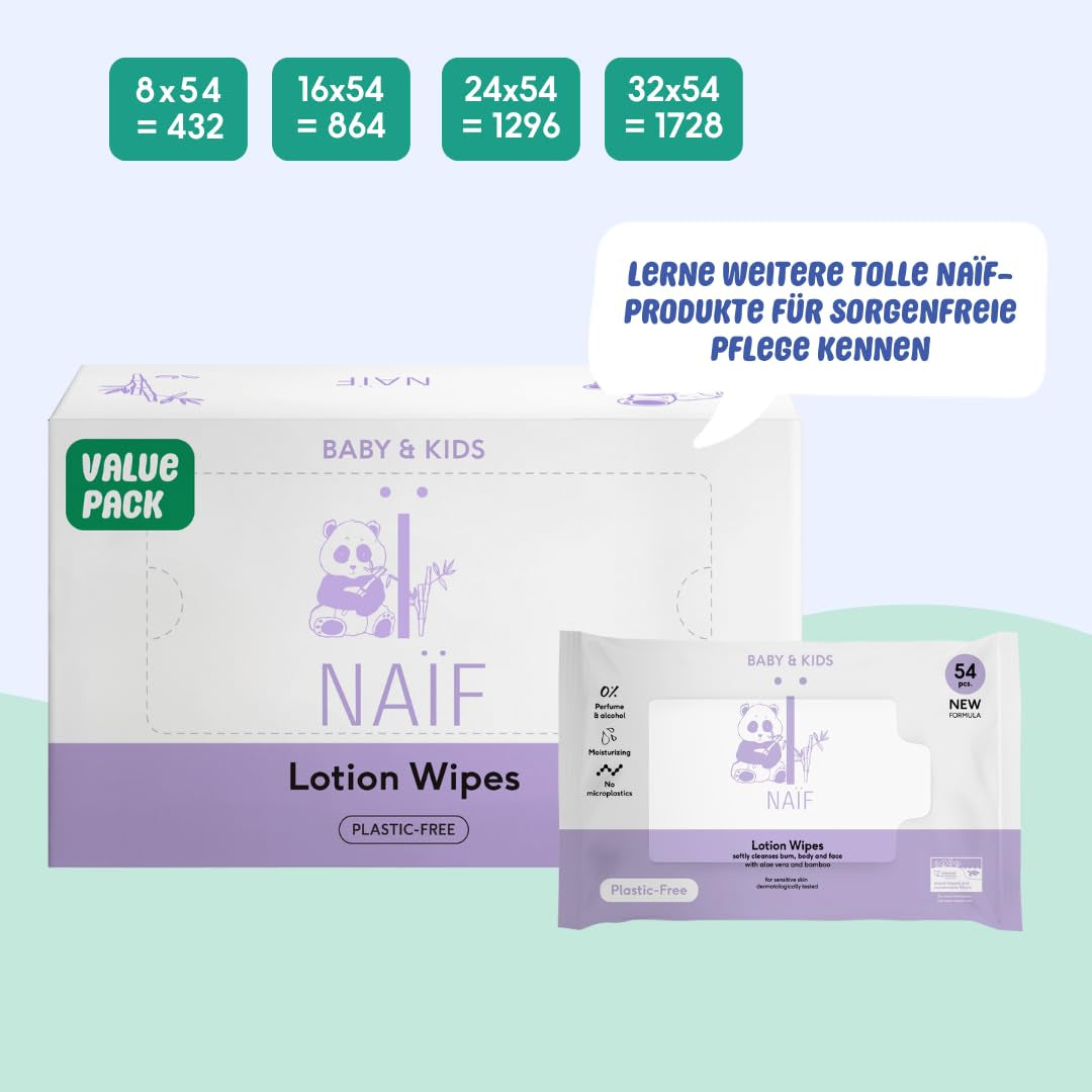 Naïf - Våtservetter med plastfri lotion - 1296 stycken (24 förpackningar med 54 våtservetter) - för spädbarn och barn - Babyrumpa, kropp och ansikte - med Aloe Vera och bambu - 0% doft och alkohol
