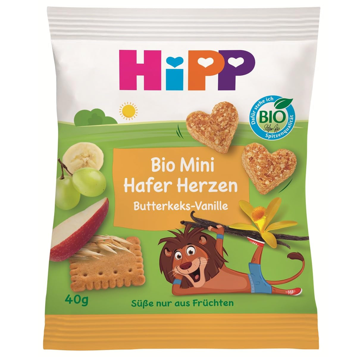 HiPP Oatmeal Vanilla Heart Mini Biscuits (12 x 40g), från 1 år, ekologisk hjärtformad snackbar, rik på spannmål och fiber, endast sötad med frukt, av bästa ekologiska kvalitet