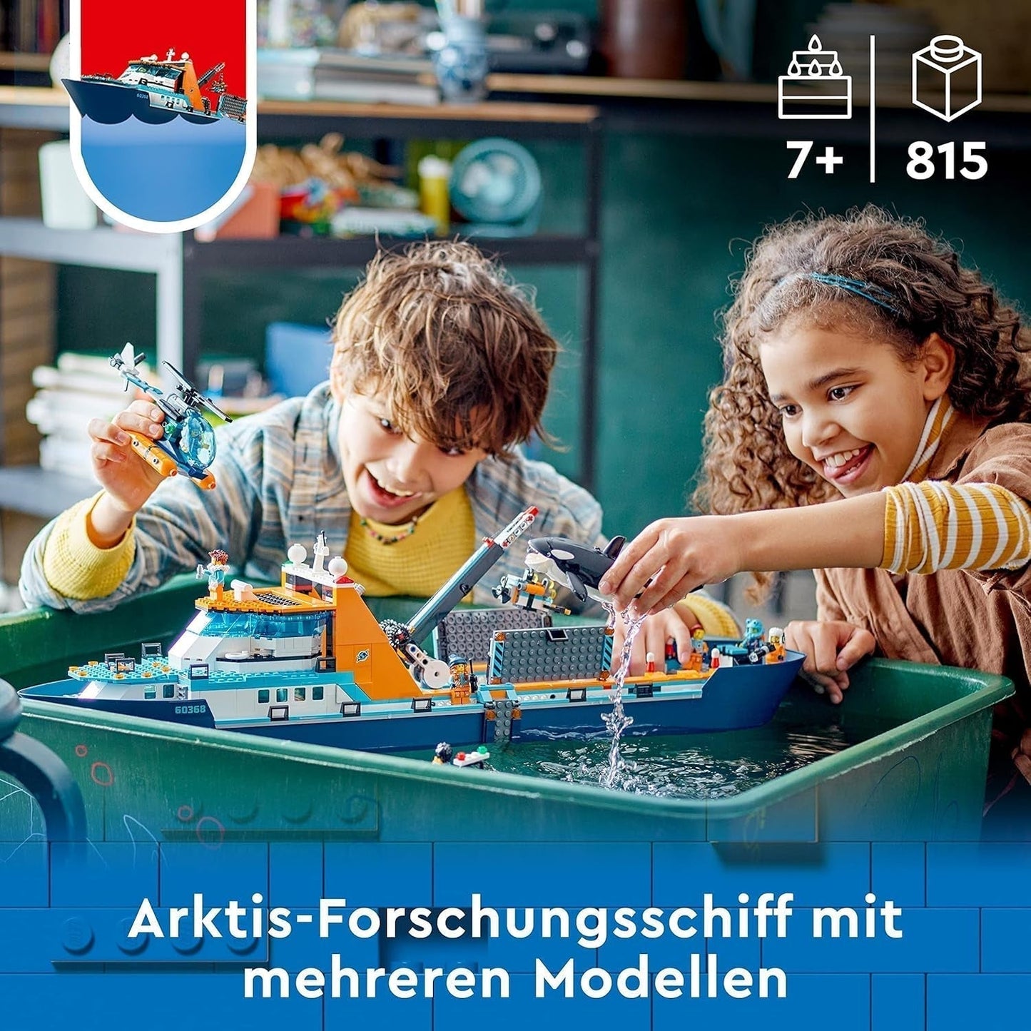 LEGO City Arctic Research Ship, stor flytande leksaksbåt med helikopter, uppblåsbar båt, Rov-ubåt, vikingavrak, 7 minifigurer och späckhuggarfigur, present till barn från 7 år och uppåt 60368 Byggset Besuche den LEGO-Store