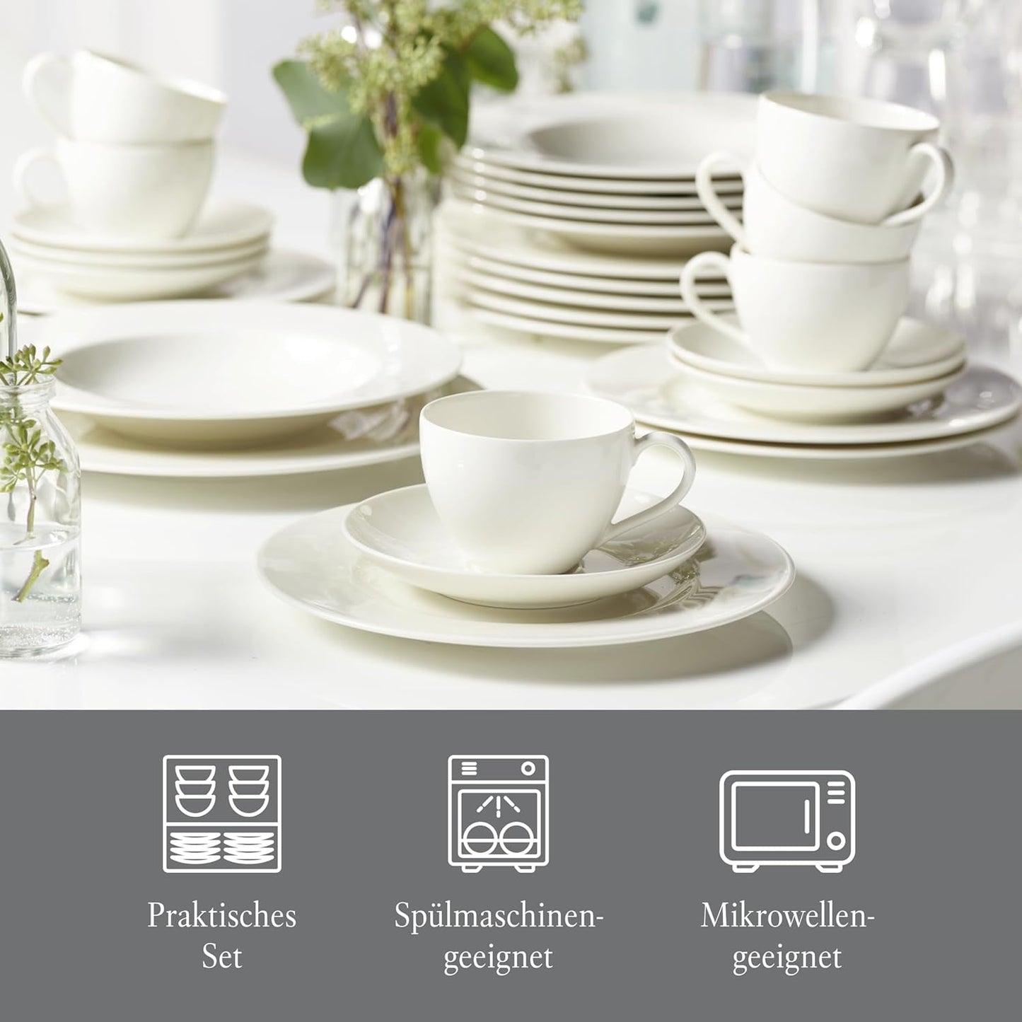 vivo - Villeroy & Boch Group - Basic White 30-delars servisset, diskmaskin och mikrovågsugn, Vitt servisset, Kaffeservis, Keramik, Tallrikar, Koppar, Premiumporslin
