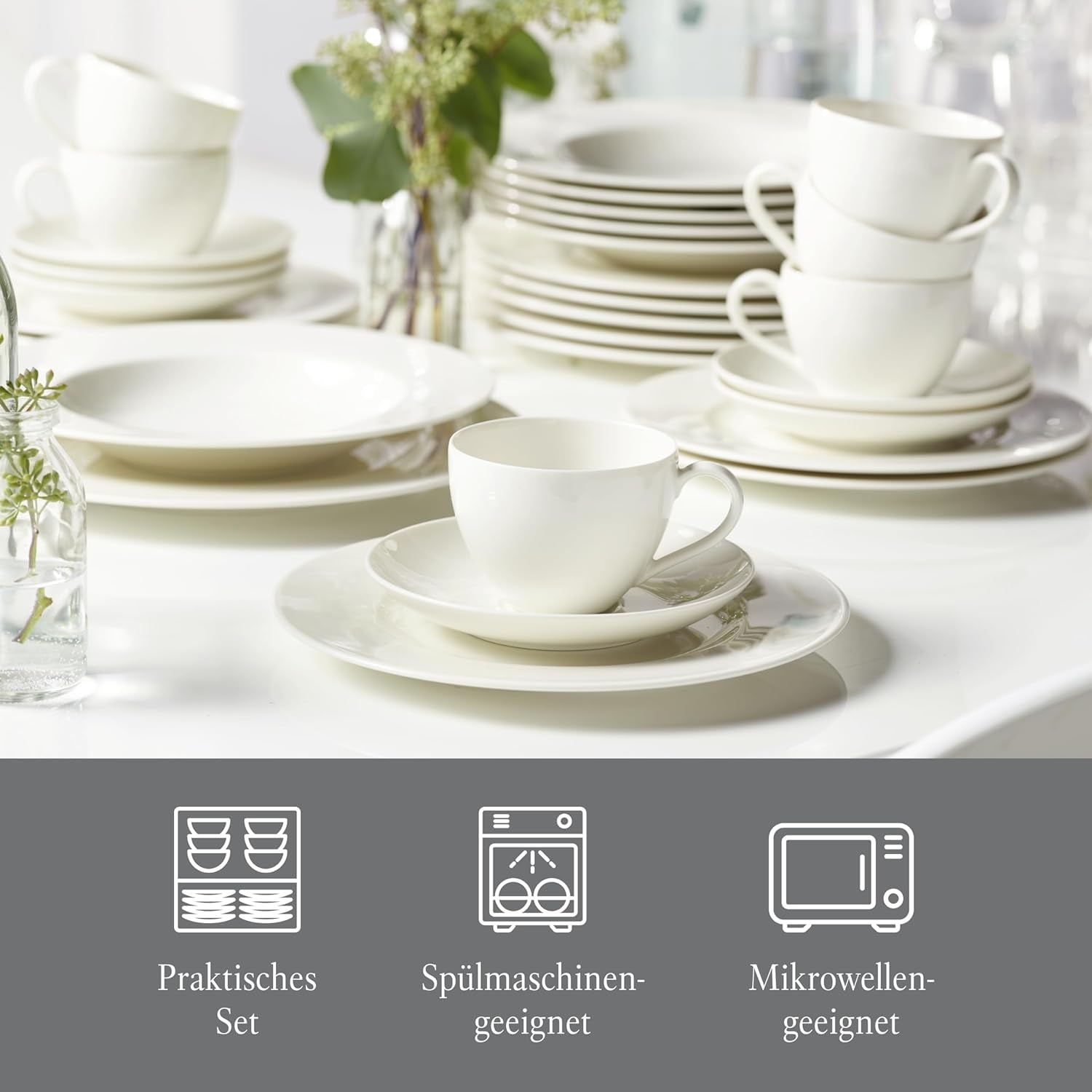 vivo - Villeroy & Boch Group - Basic White 30-delars servisset, diskmaskin och mikrovågsugn, Vitt servisset, Kaffeservis, Keramik, Tallrikar, Koppar, Premiumporslin