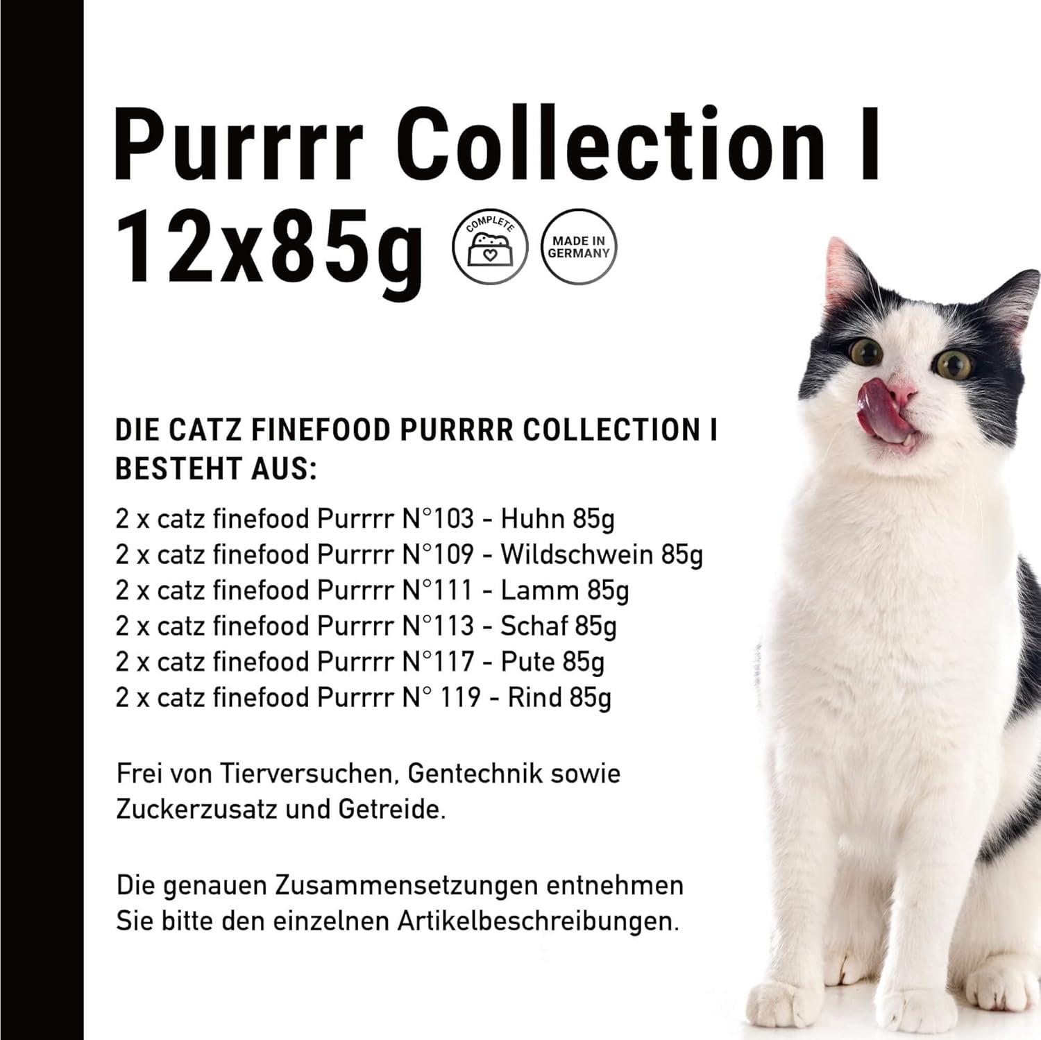 Catz Finefood Purrrr Collection I - Monoprotein Wet Cat Food - Spannmålsfri, Sockerfri, Hypoallergen - Hög kötthalt - Multipack våt kattmat - i påsar, 85g (12 förpackningar)
