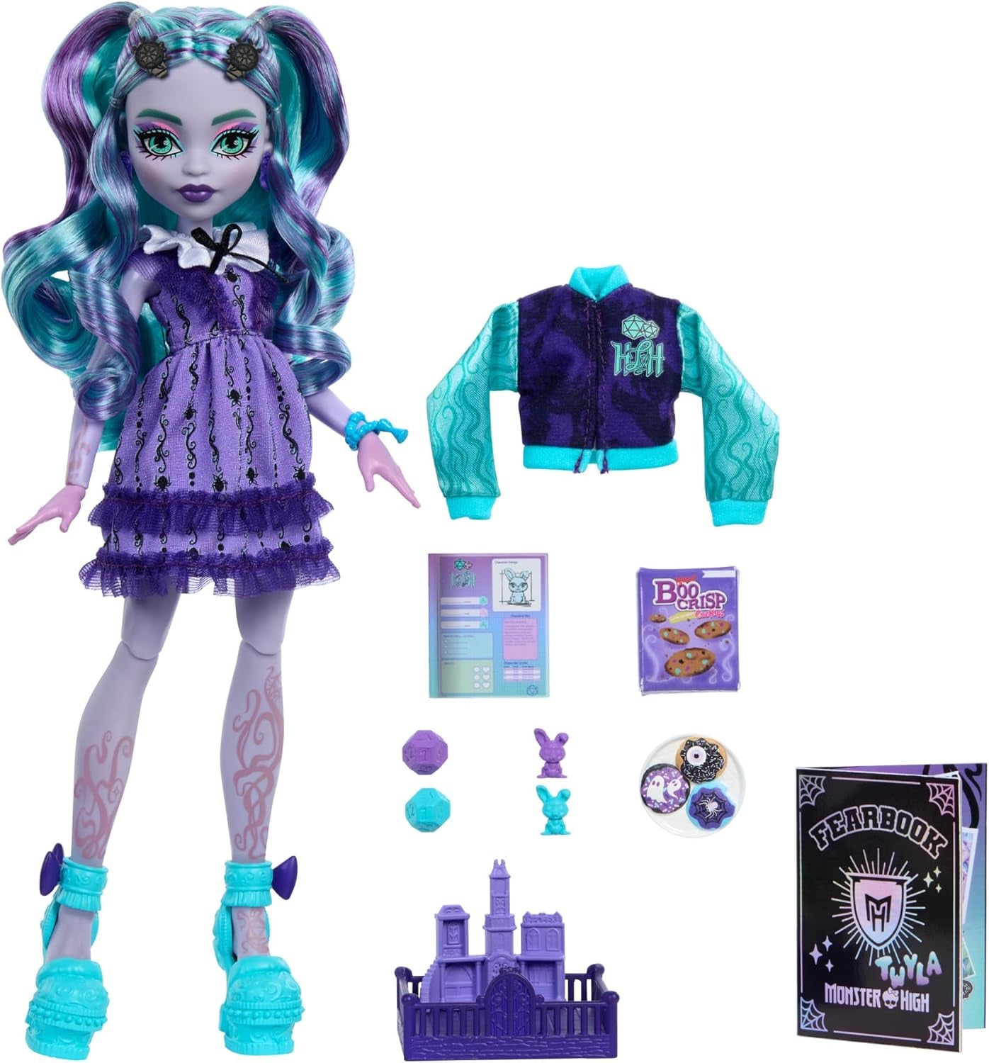 Monster High Fearbook Twyla tillbehörsset med dock- och filmklubbtema, collegejacka, examensalbum, brädspel och kakor, HXW31