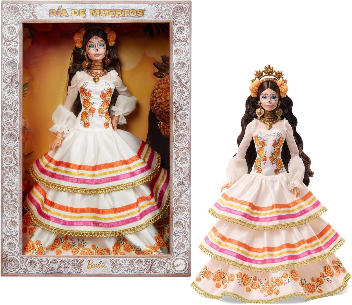 Barbie Signature Day of the Dead 2025 docka samlarfigur i krämfärgad klänning med volanger, ringblommor och rosetter, blomkrona i hår och Calavera ansiktsfärg, JBJ05