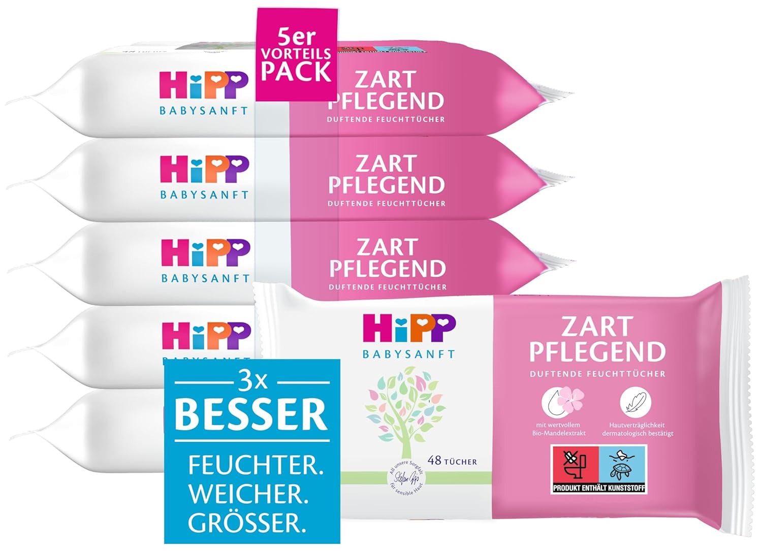 HiPP Babysanft Delicates Baby Wet Wipes 720 stycken (3 x 240) med ekologiskt mandelextrakt, extra hudvänlig för skonsam rengöring av bebisars känsliga hud